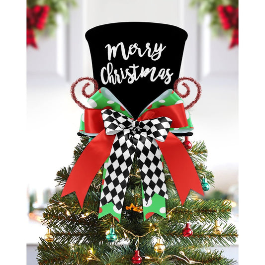 Merry Christmas Tree Topper Whimsical Top Hat with Check Bows | momhomedecor