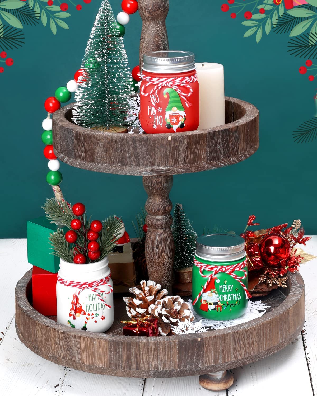 Christmas Tiered Tray Decor Gnome Mini Mason Jars | momhomedecor