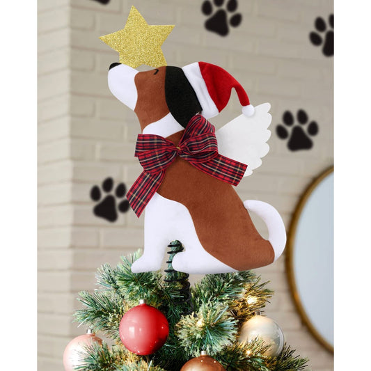 Dog Christmas Tree Topper with Glitter Star & Wings Xmas Tree Brown | momhomedecor