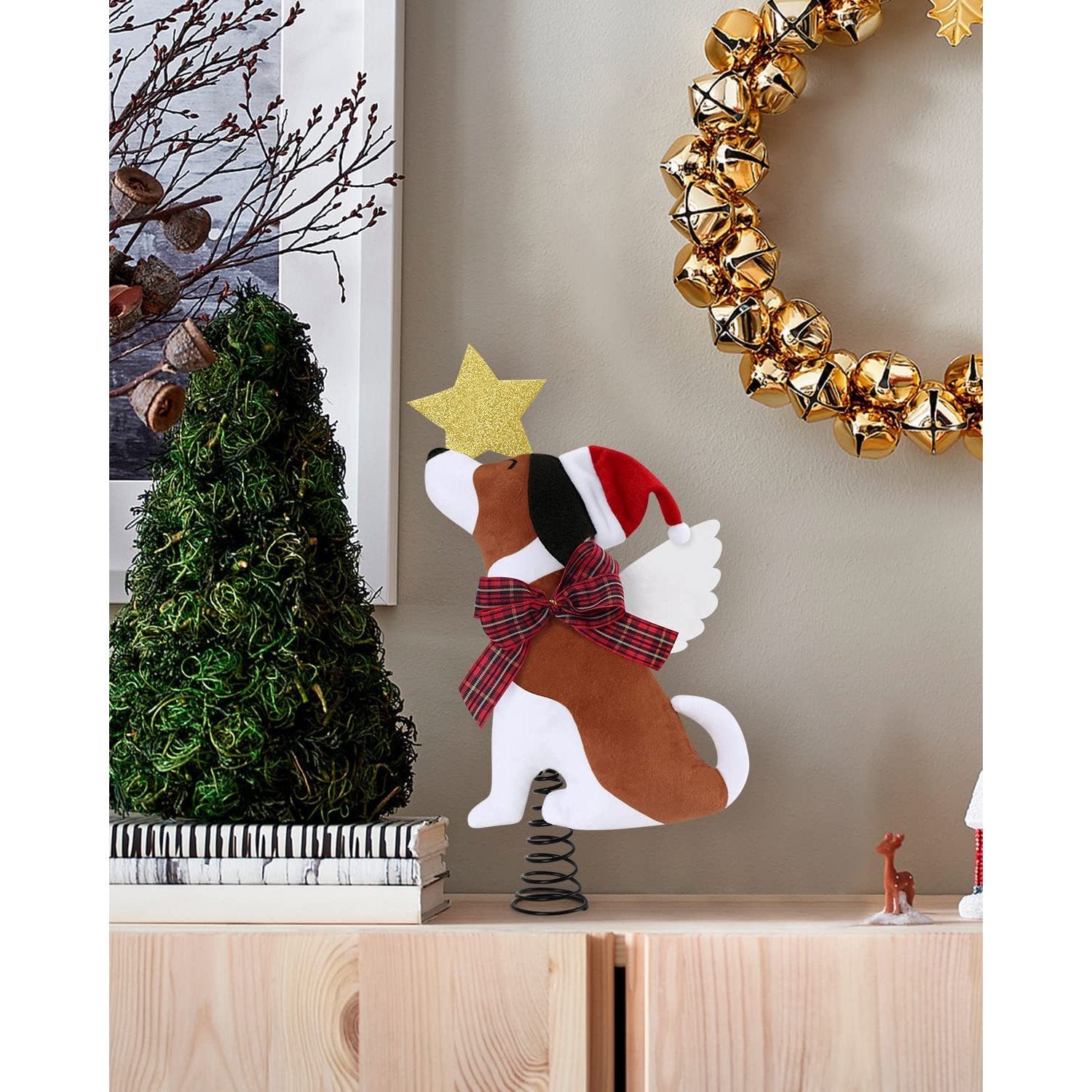 Dog Christmas Tree Topper with Glitter Star & Wings Xmas Tree Brown | momhomedecor