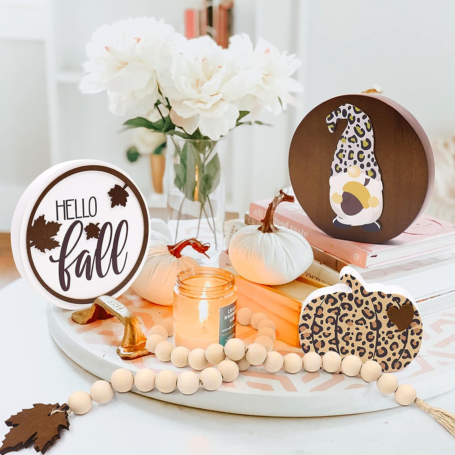 4PCS Fall Tiered Tray Decor Leopard Pumpkin Fall Gnome Wooden Signs momhomedecor