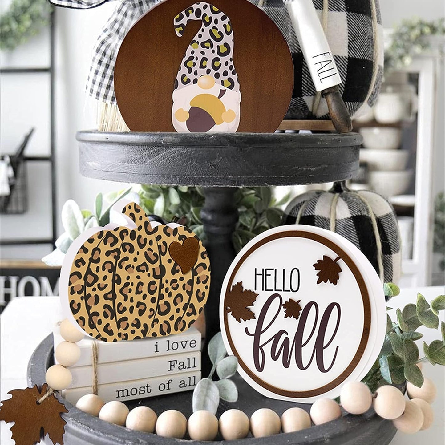 4PCS Fall Tiered Tray Decor Leopard Pumpkin Fall Gnome Wooden Signs | momhomedecor