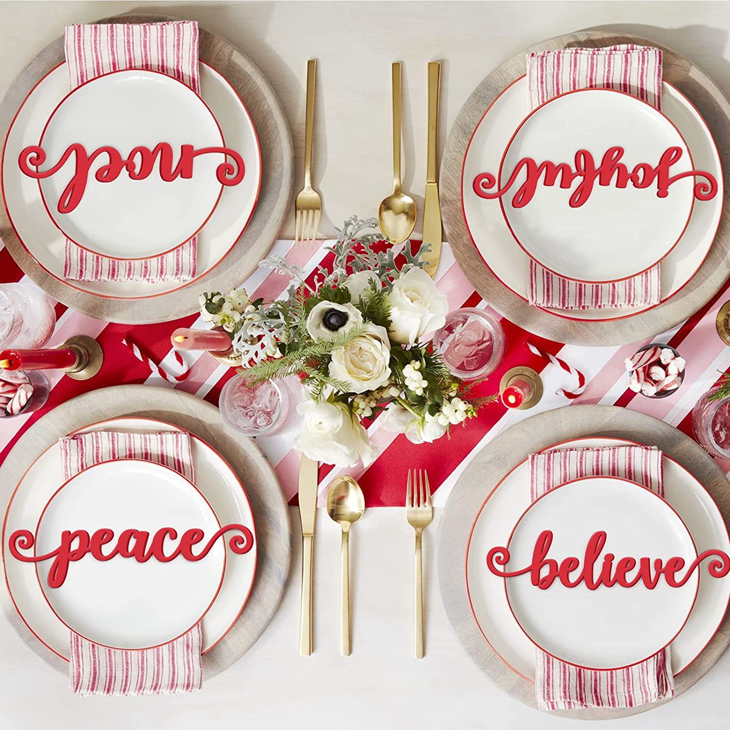 5PCS Christmas Red Wooden Place Setting Laser Cut Words | momhomedecor