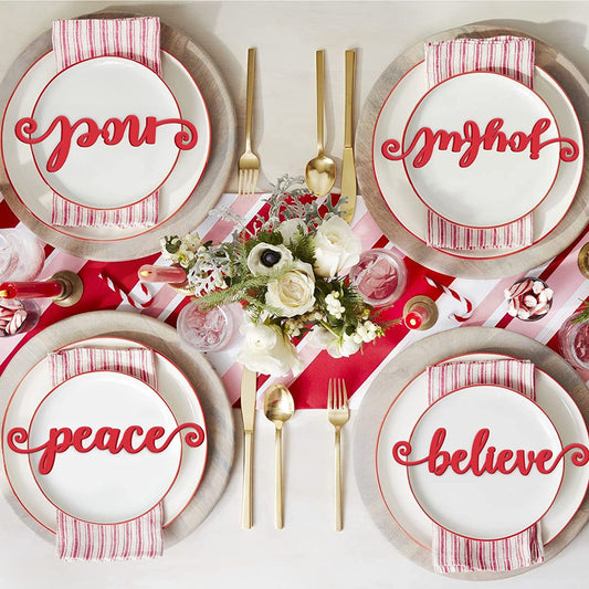 5PCS Christmas Red Wooden Place Setting Laser Cut Words | momhomedecor
