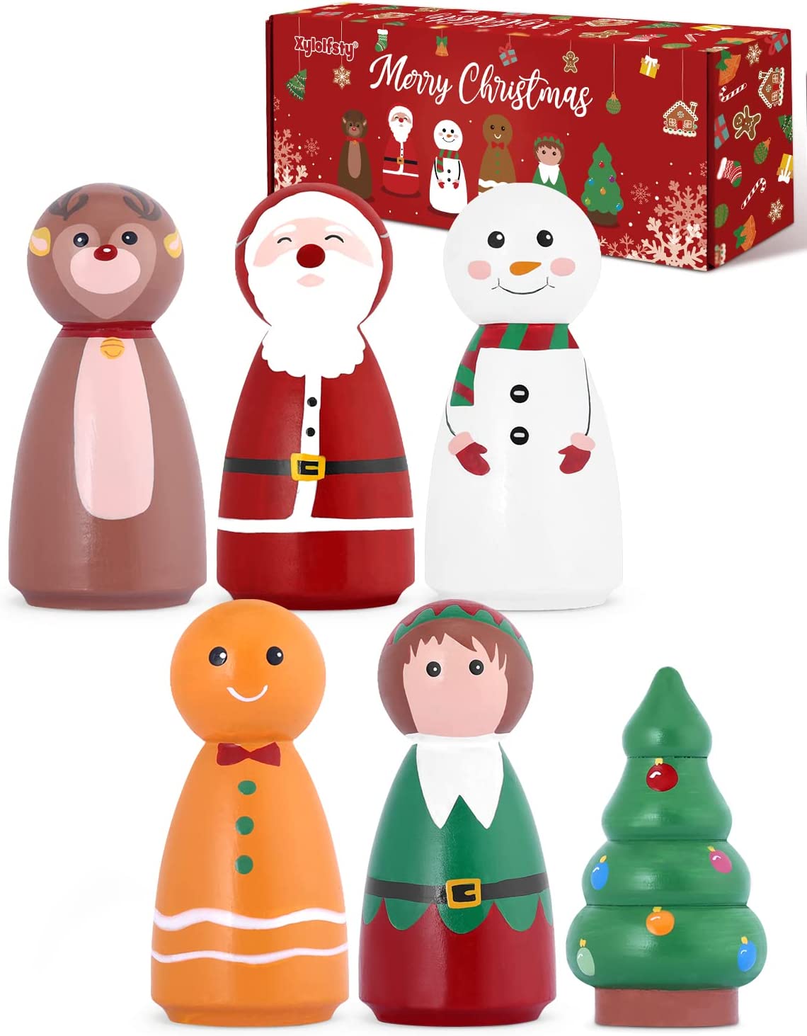 6pcs Christmas Peg Dolls Wooden Toys Figures for Small World Play | momhomedecor