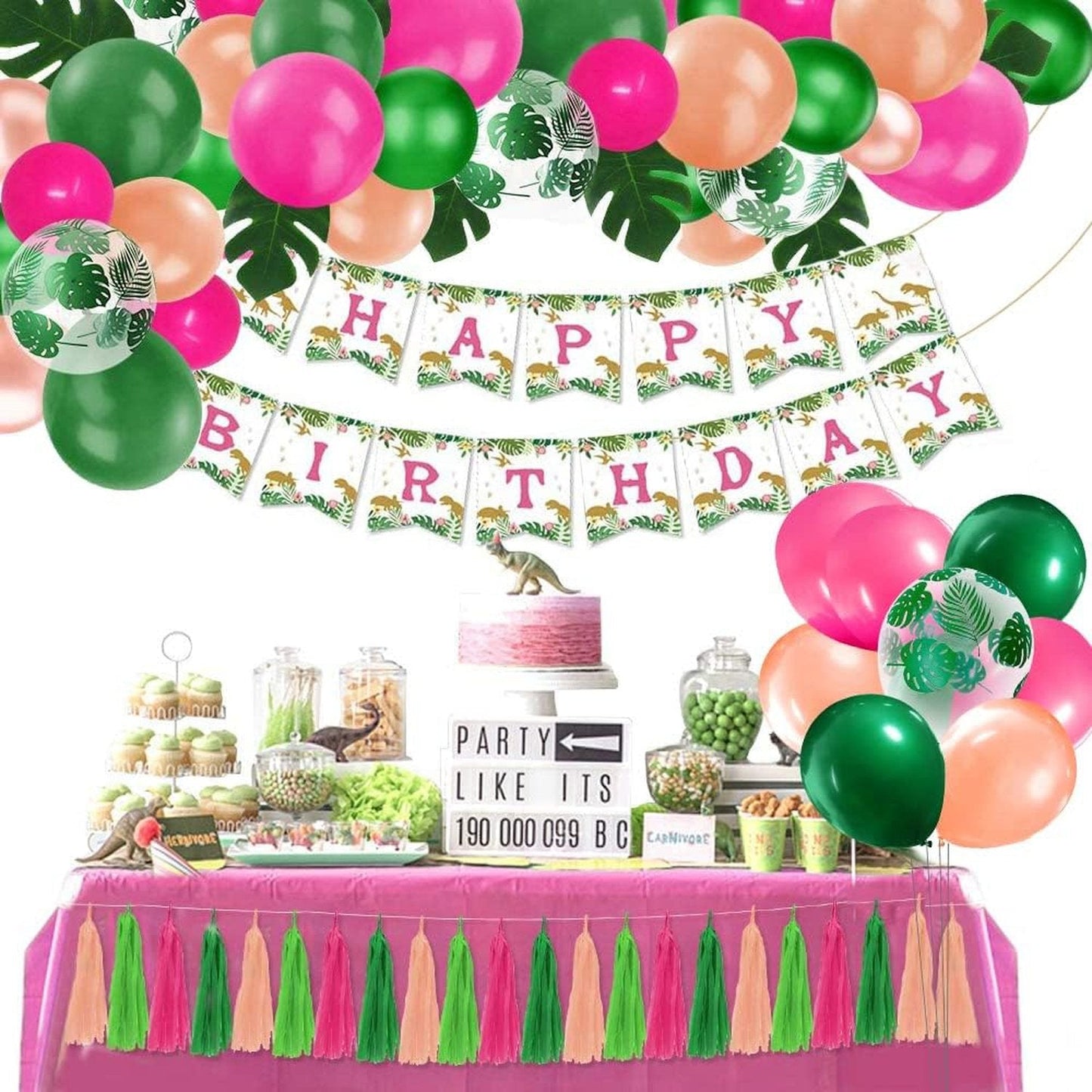 90PCS Girls Dinosaur Party Favor Decorations Dinosaur Birthday Banner Balloons Garland momhomedecor