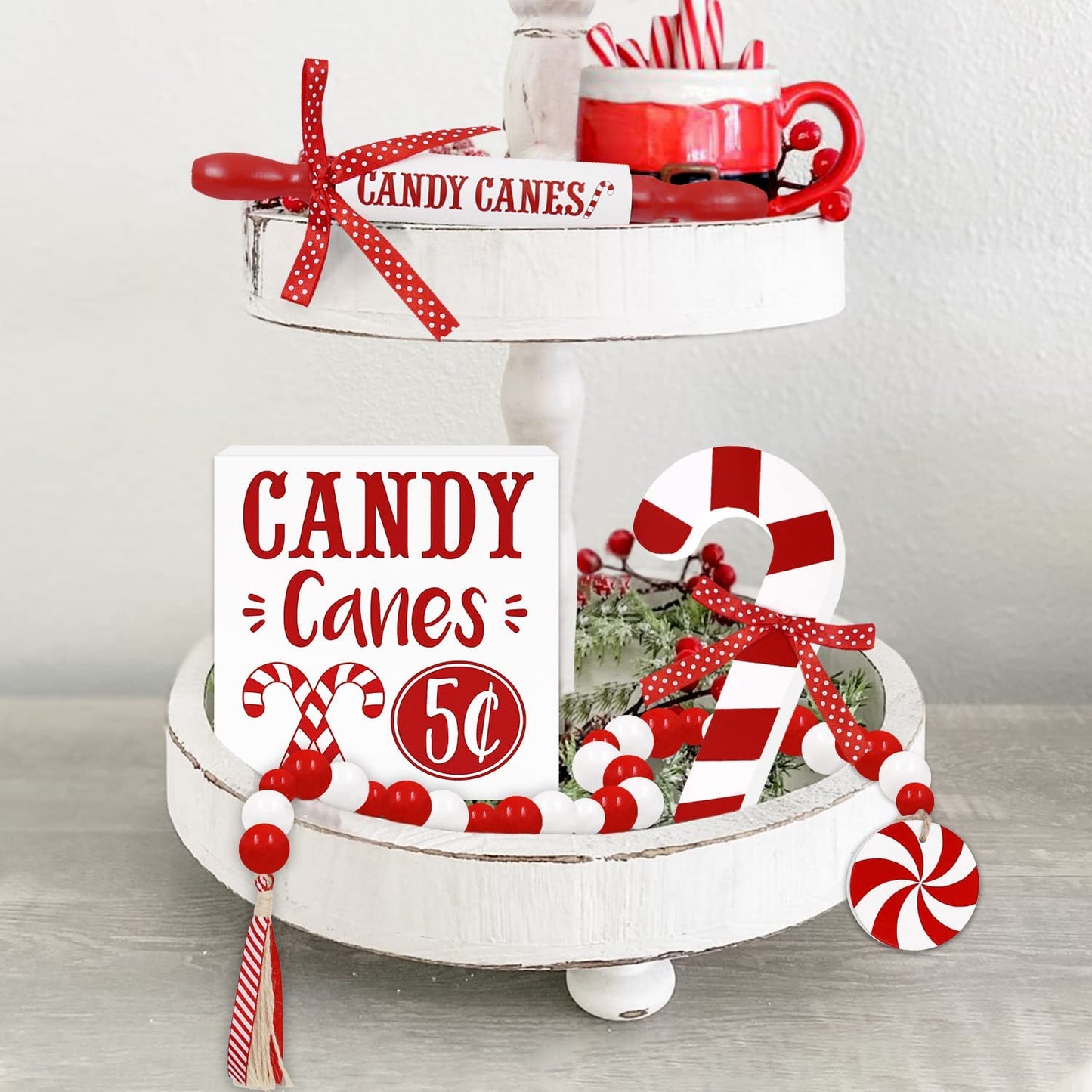 Christmas Candy Canes Wooden Tiered Tray Decor momhomedecor