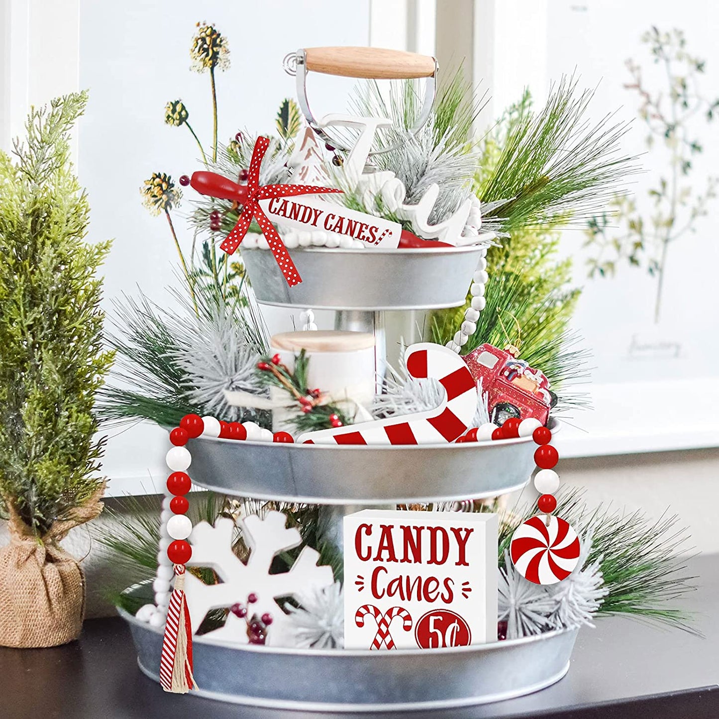 Christmas Candy Canes Wooden Tiered Tray Decor | momhomedecor