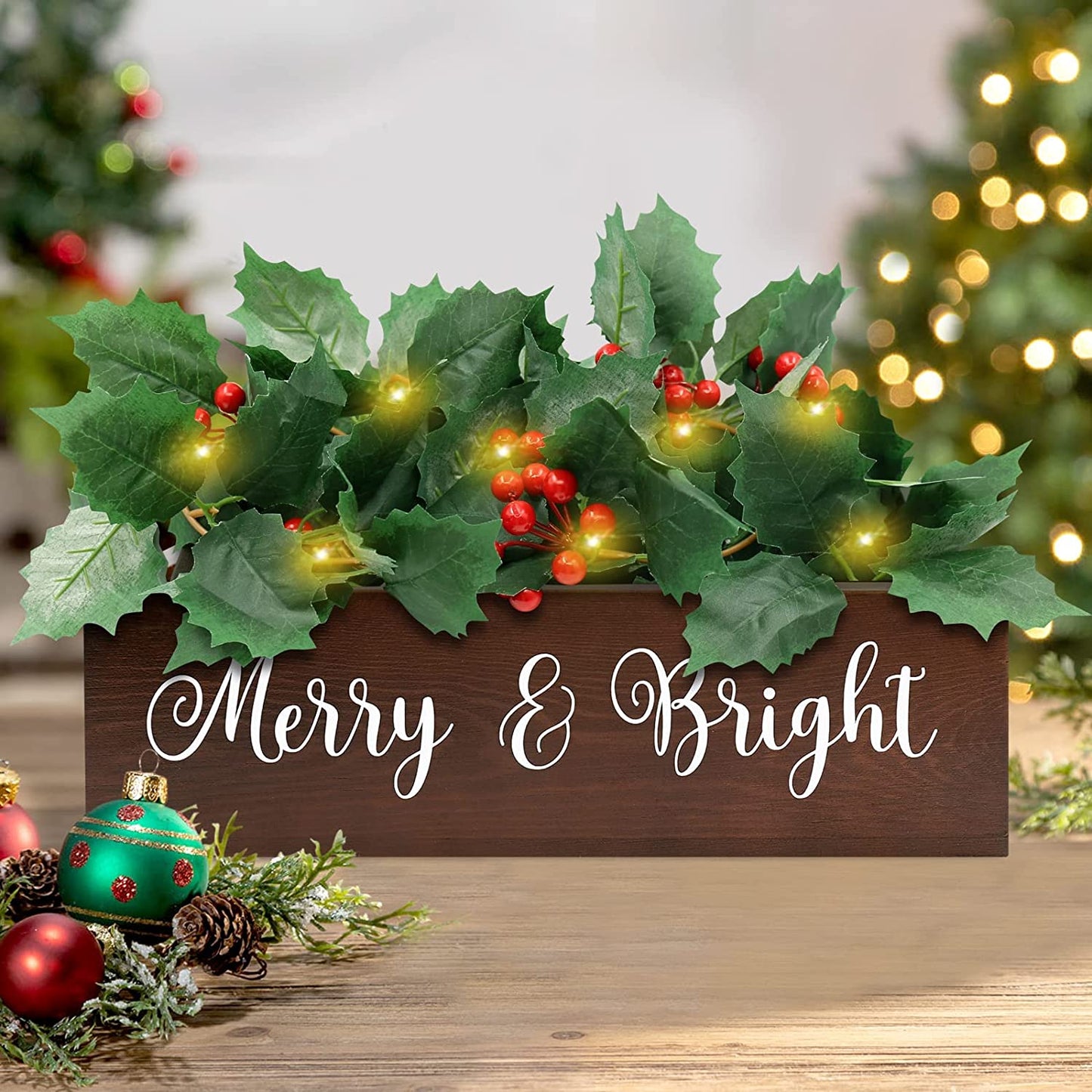 Christmas Wood Box with Berries Poinsettia Leaves LED Lights | momhomedecor