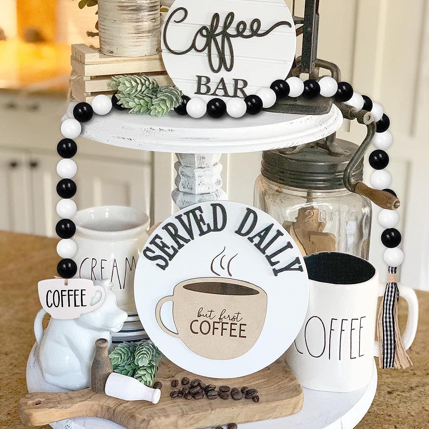 Coffee Wood Bead Garland with Jute Tassels Farmhouse Tiered Tray Decorations momhomedecor