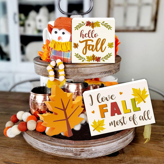 Fall Maple Leaf Tiered Tray Decor Wood Signs Self Standing Wooden Block | momhomedecor