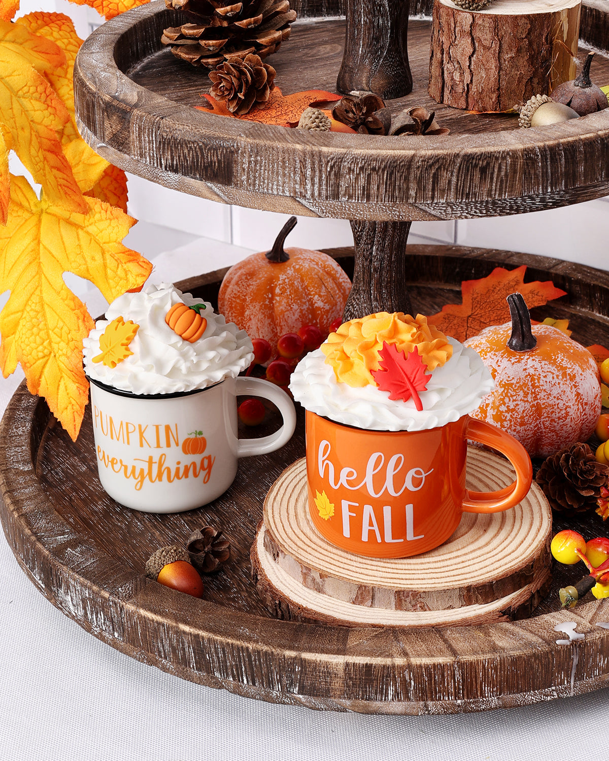 Fall Pumpkin Decorations with Faux Whipped Cream Mug Toppers | decor, fall | momhomedecor