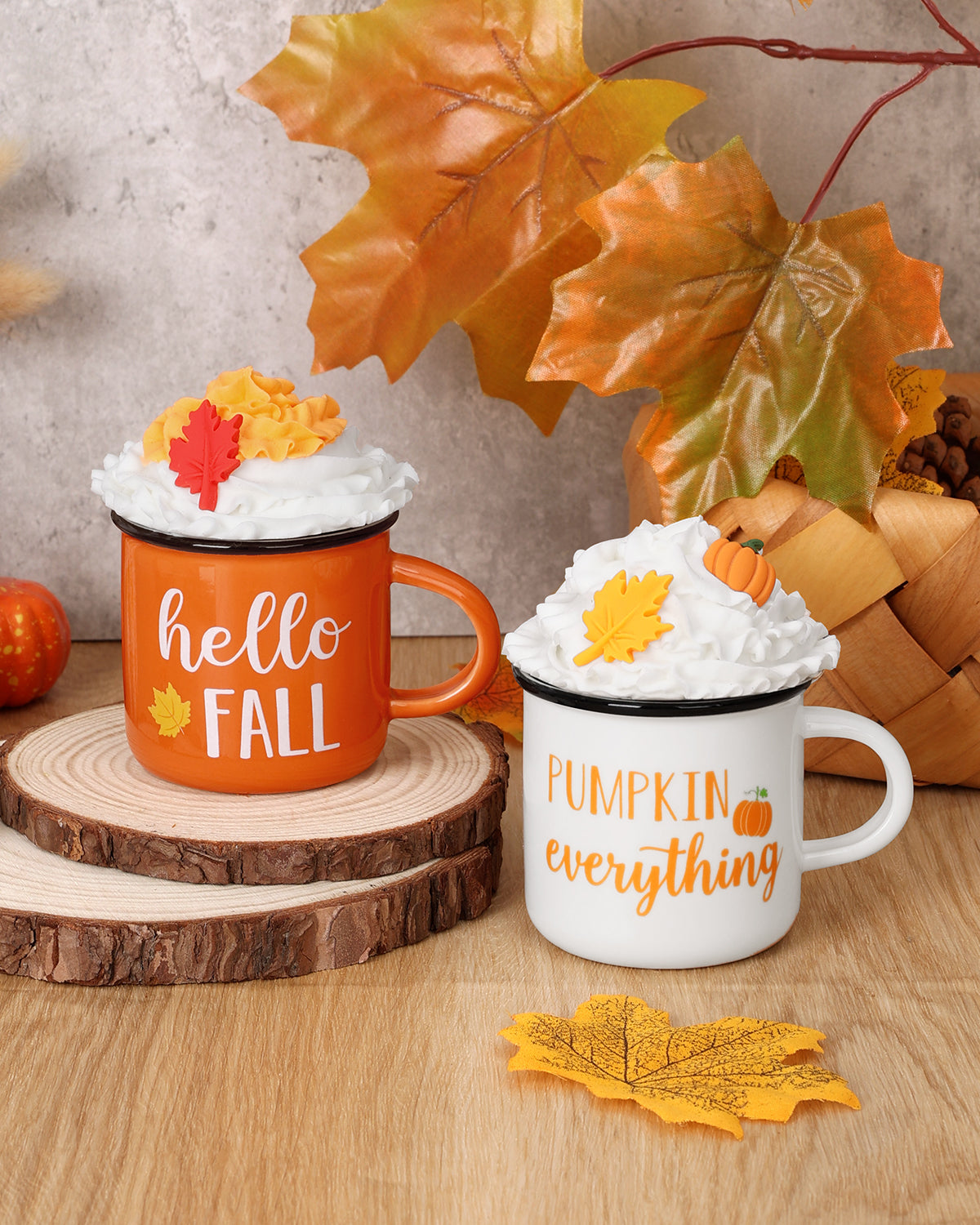 Fall Pumpkin Decorations with Faux Whipped Cream Mug Toppers momhomedecor