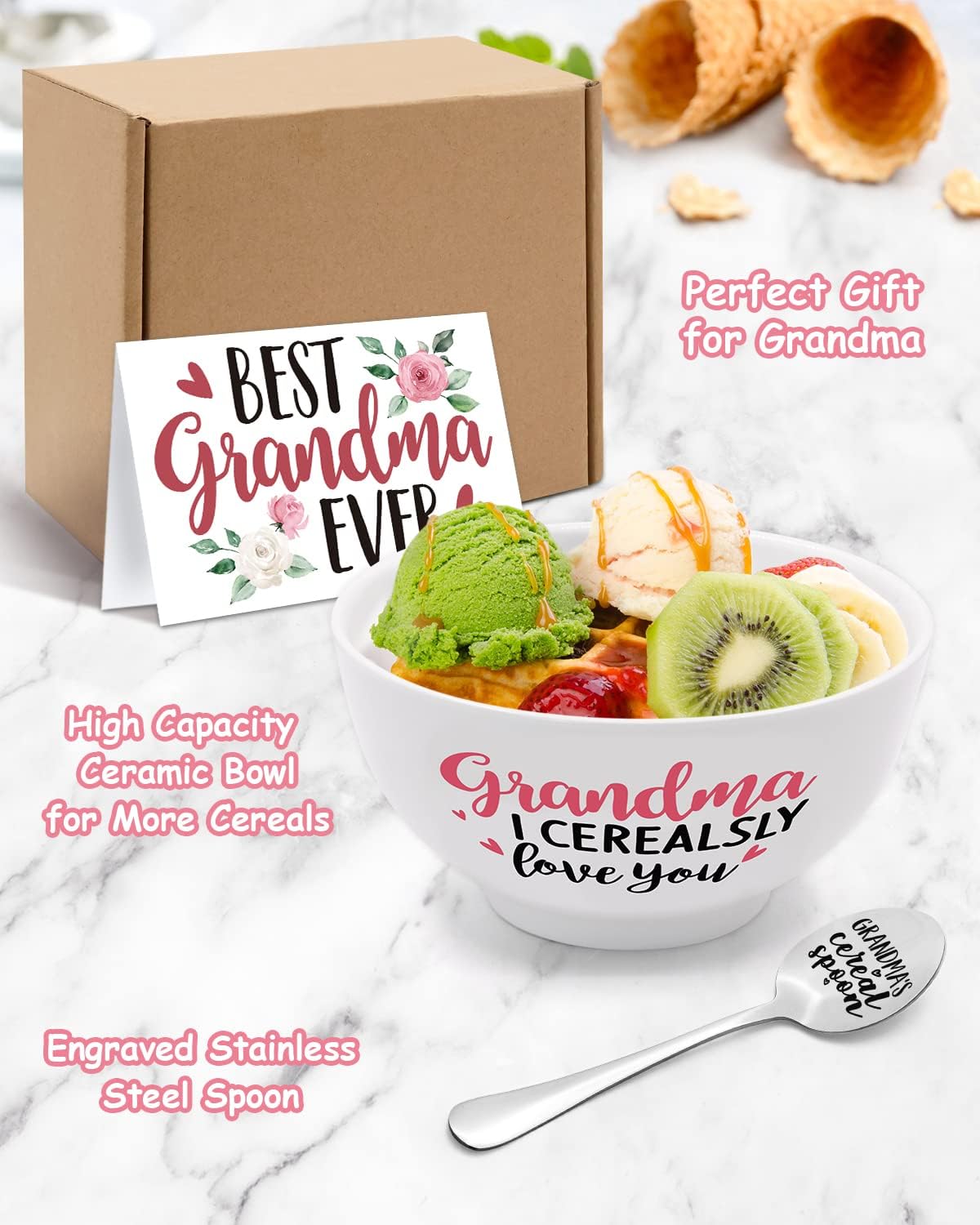 Grandma's Cereal Bowl and Spoon Set with Best Grandma Ever 3PCS Christmas momhomedecor