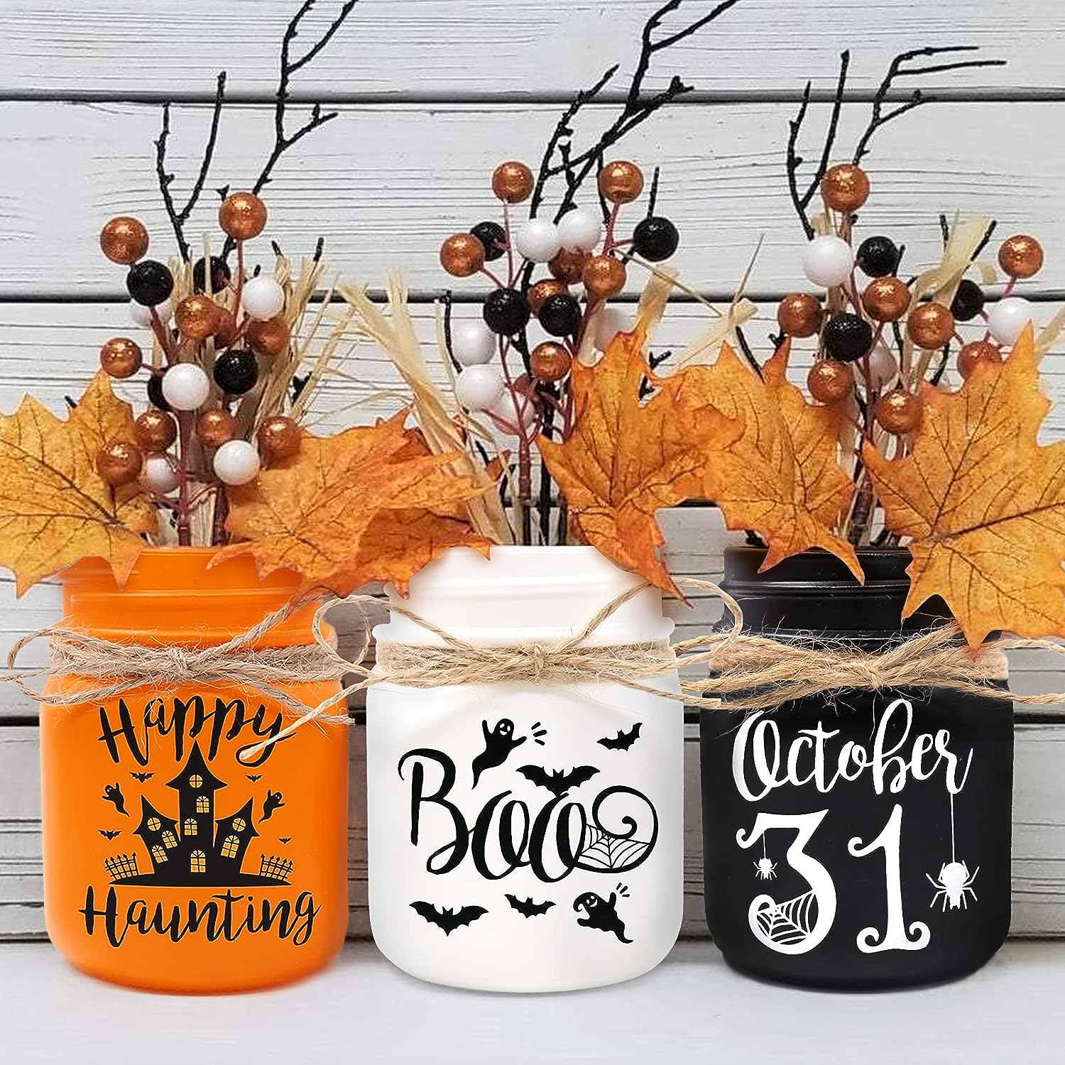 Halloween Mini Mason Jar Orange Black White Set of 3 momhomedecor