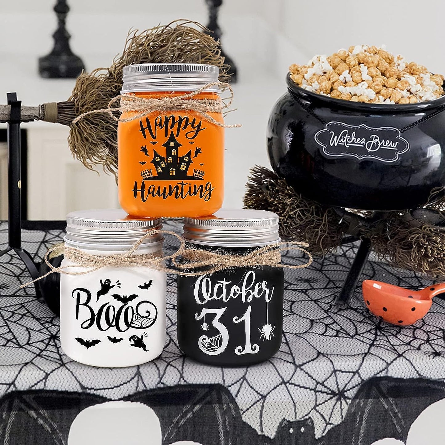 Halloween Mini Mason Jar Orange Black White Set of 3 | momhomedecor