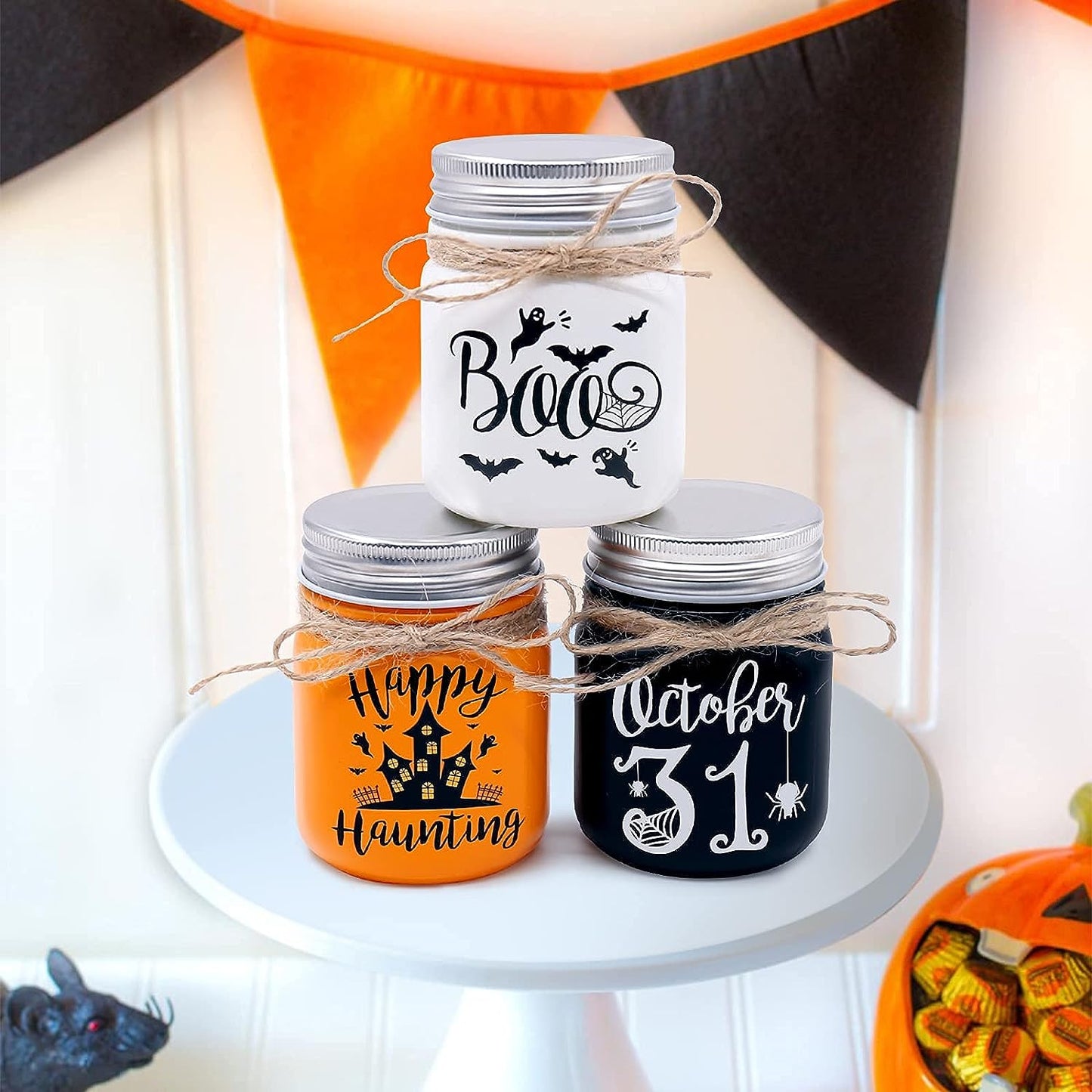 Halloween Mini Mason Jar Orange Black White Set of 3 momhomedecor