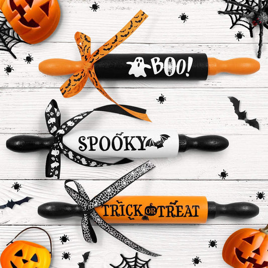 Halloween Mini Rolling Pins Trick Or Treat Wooden Tiered Tray Decorative Set of 3 | momhomedecor