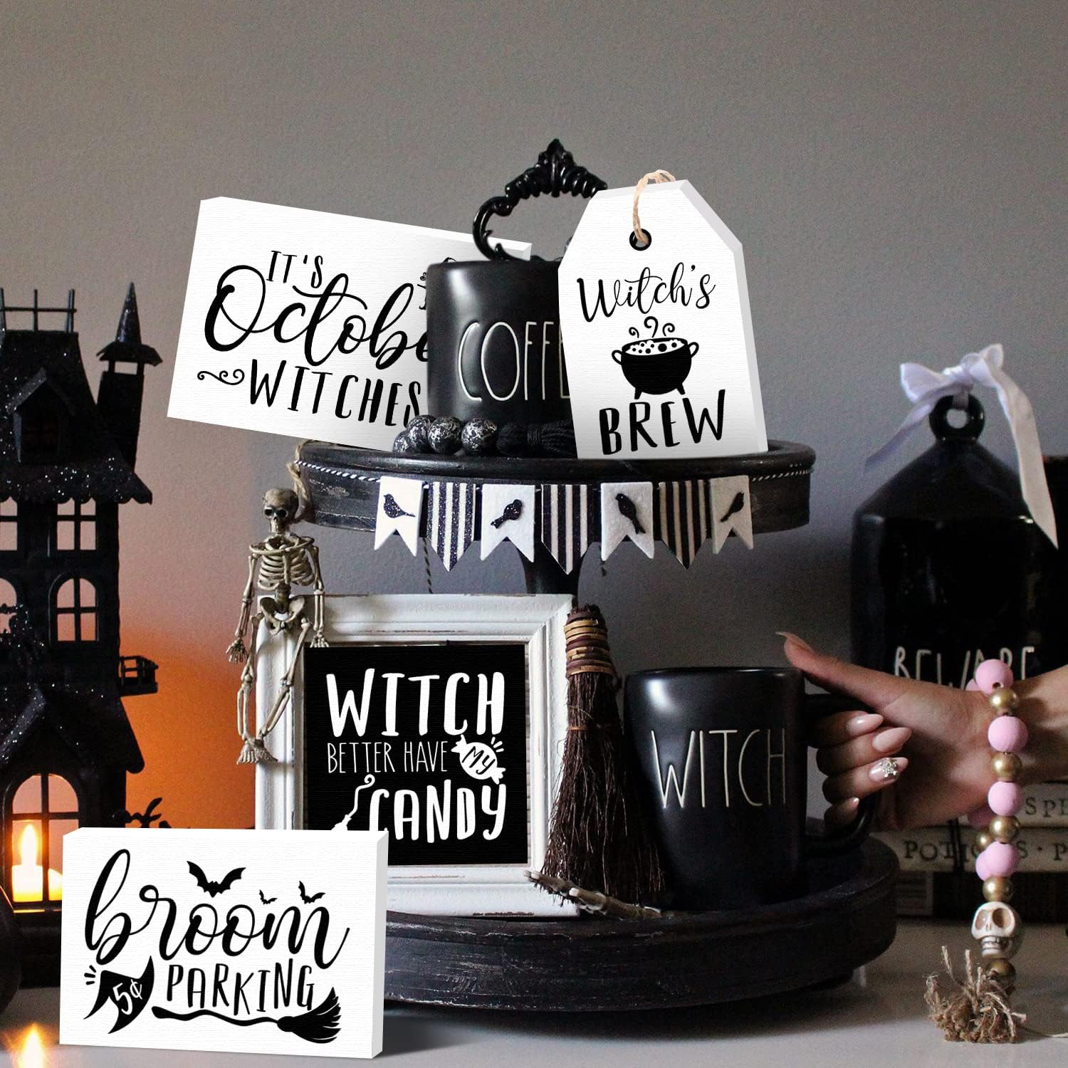 Halloween Tiered Tray Decorations Rustic Halloween Witch Poison Candy Bar Signs Set of 4 momhomedecor