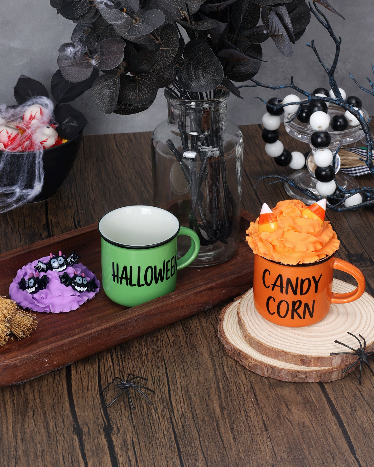 Halloween Tiered Tray Decorations with Faux Whipped Cream Mug Toppers