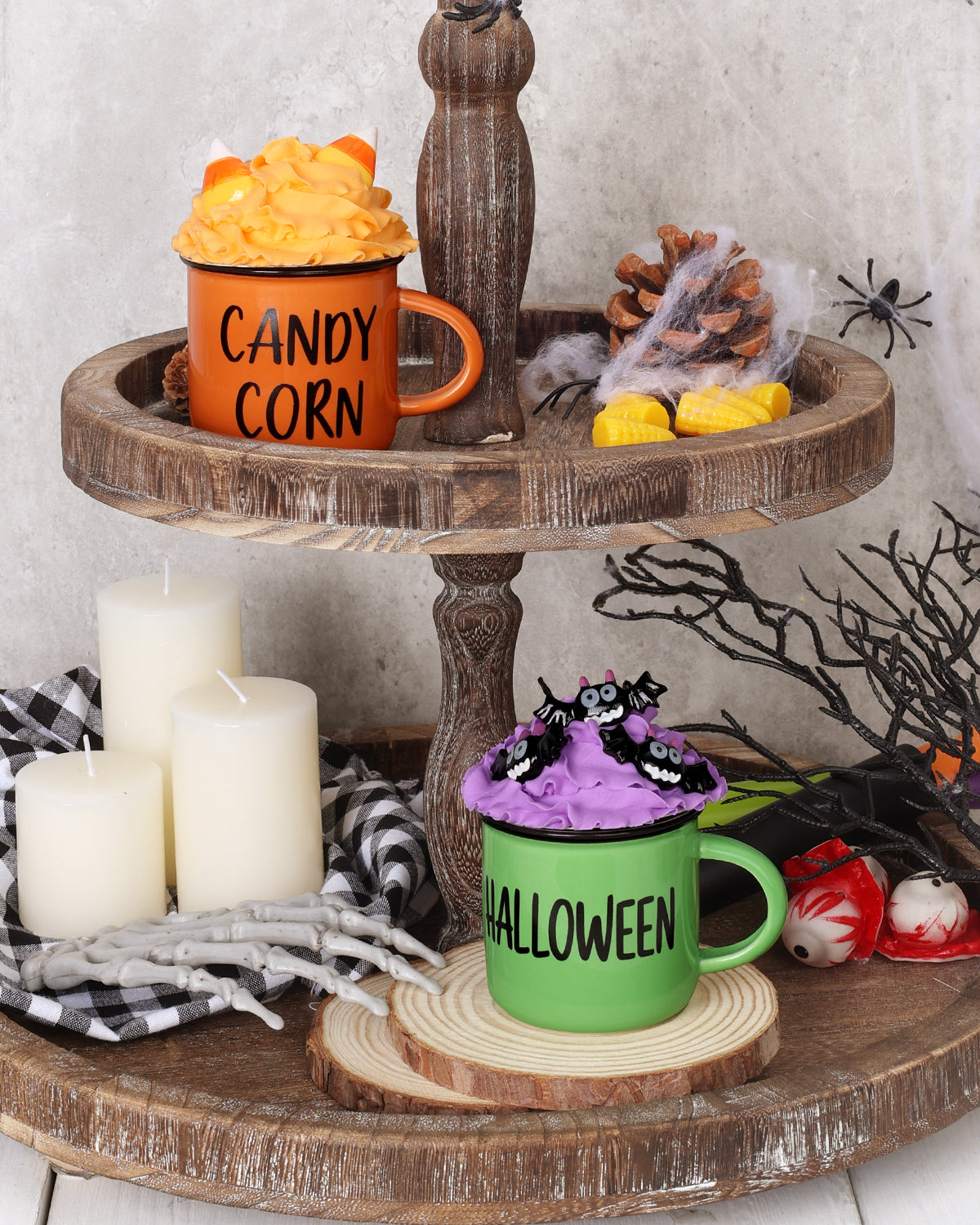 Halloween Tiered Tray Decorations with Faux Whipped Cream Mug Toppers momhomedecor