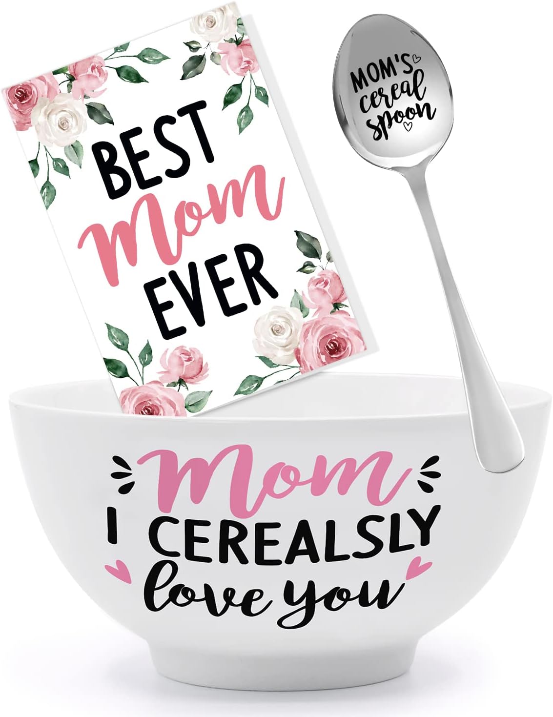 Mom's Cereal Bowl and Spoon Set with Best Mom Ever Gift Set of 3 | momhomedecor