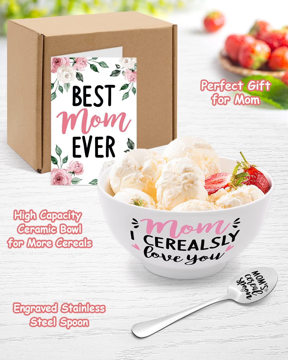 Mom's Cereal Bowl and Spoon Set with Best Mom Ever Gift Set of 3 momhomedecor