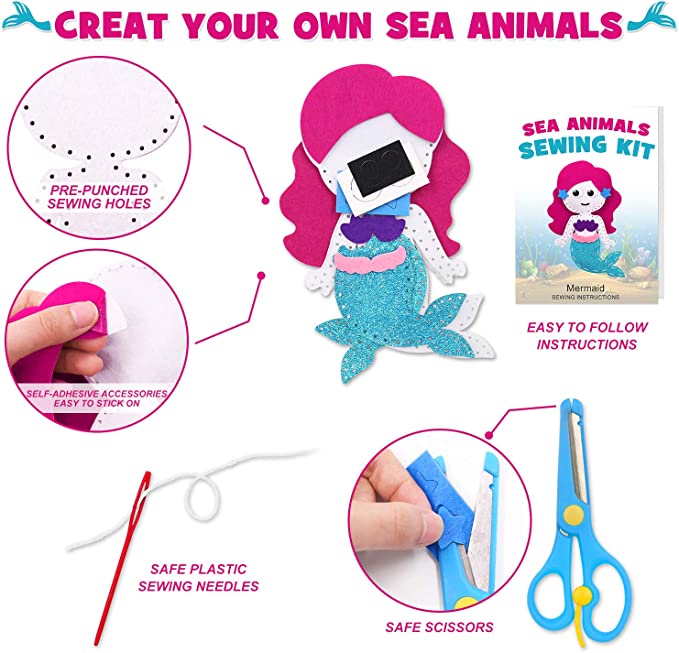 Sea Animals Sewing Kit Mermaid DIY Felt Plush Craft Kit | momhomedecor