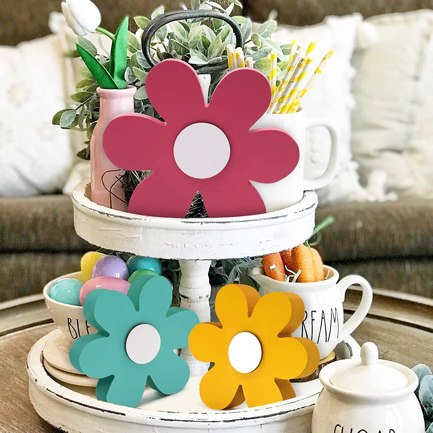 Spring Tiered Tray Decor Daisy Wood Signs Set of 3 momhomedecor