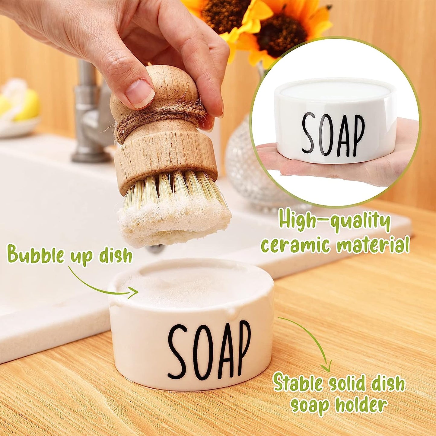 Zero Waste Bubble Up Dish Brush Set Solid Soap Bar in Ceramic Holder momhomedecor